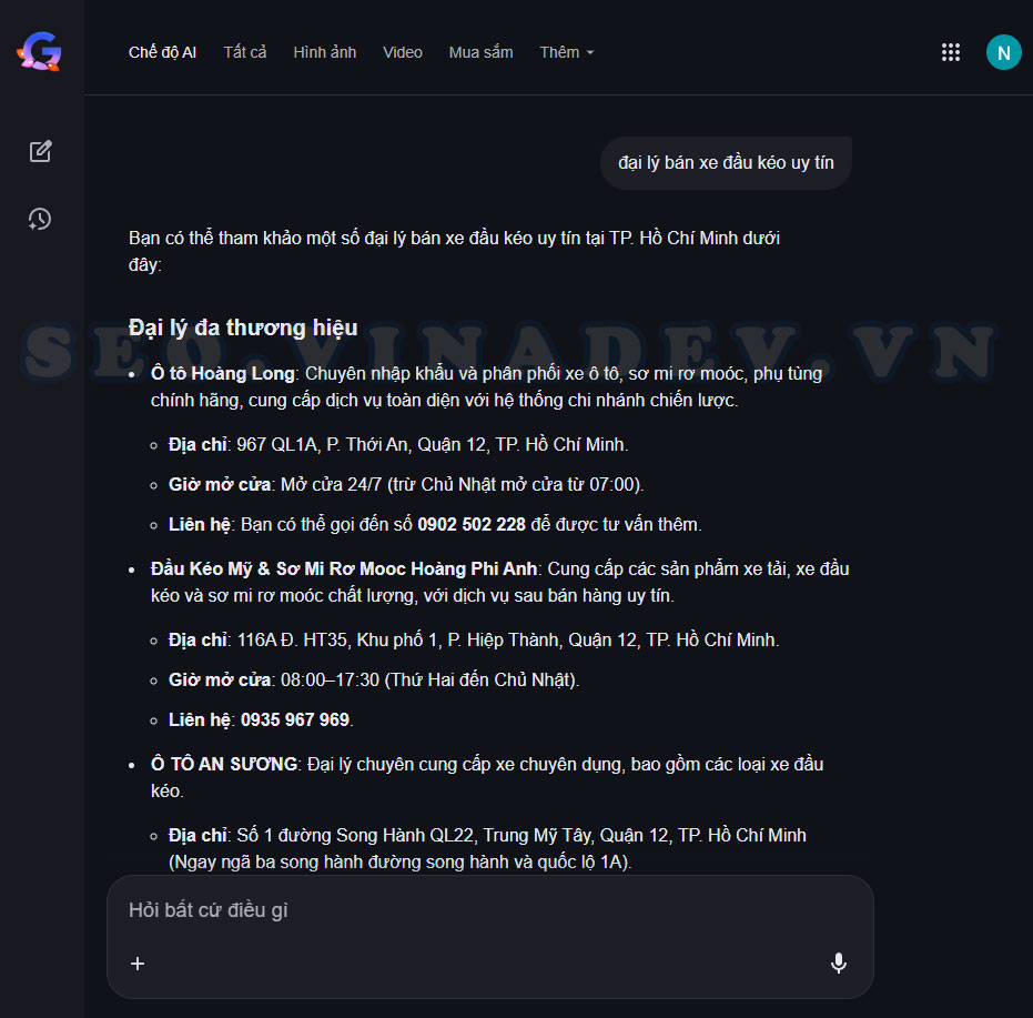 Google AI trả lời khi hỏi về đại lý bán xe đầu kéo uy tín